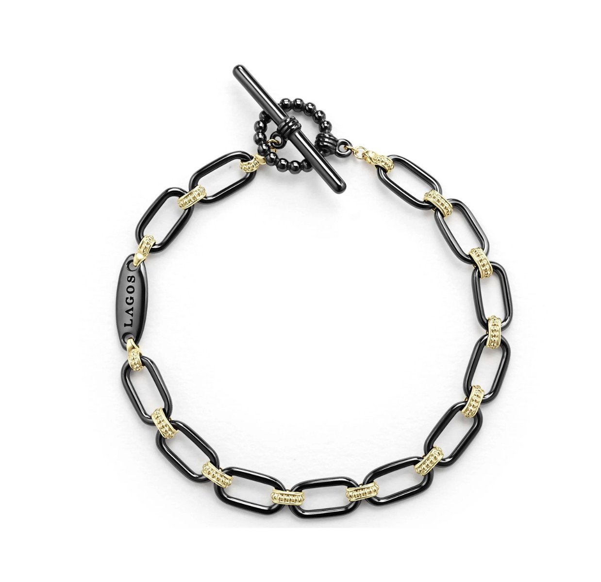 LAGOS "Signature Caviar" 18kt Gold and Black Ceramic Link Bracelet, Size 8