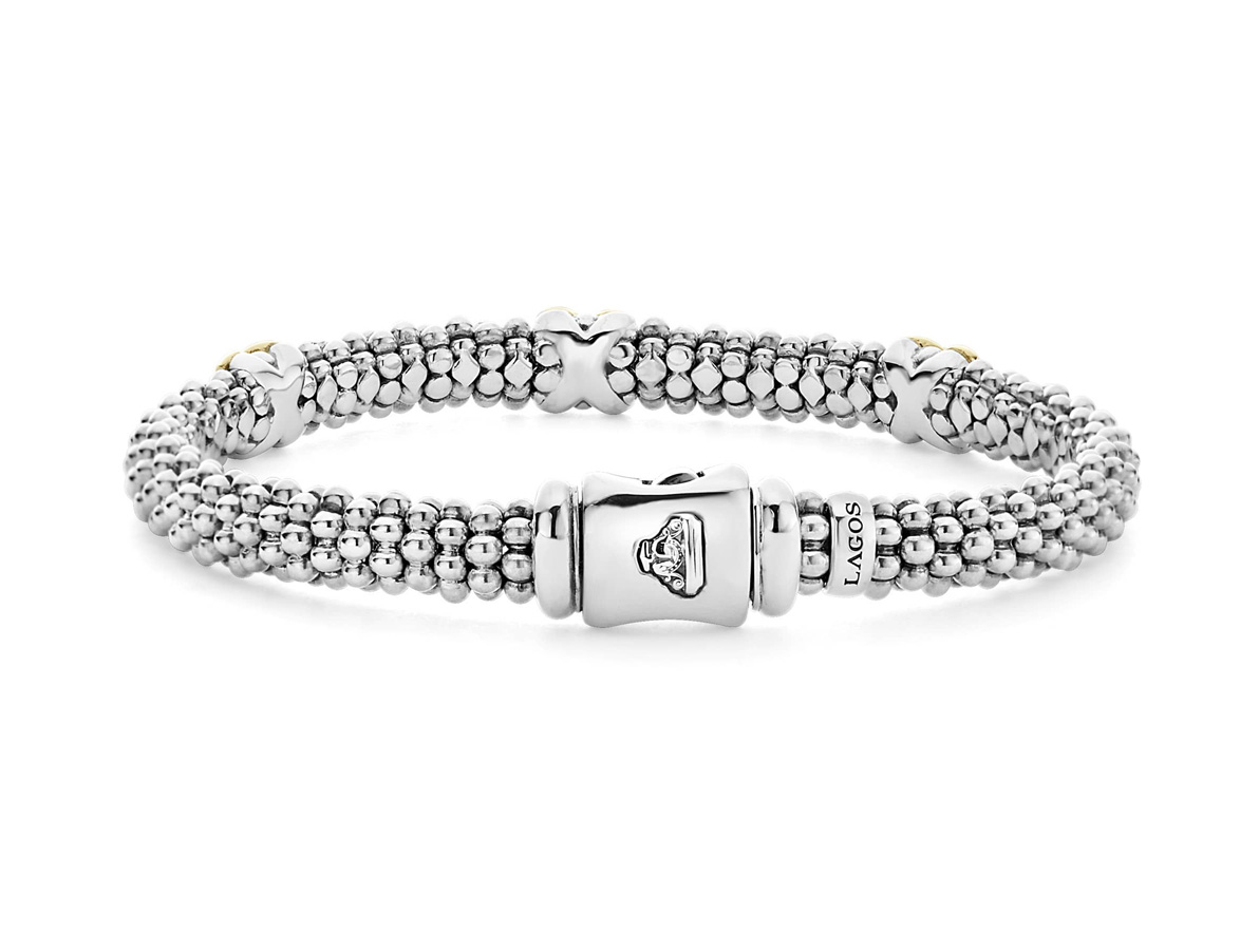 "Embrace" Beaded X Bracelet with 3 Gold Stations (7)