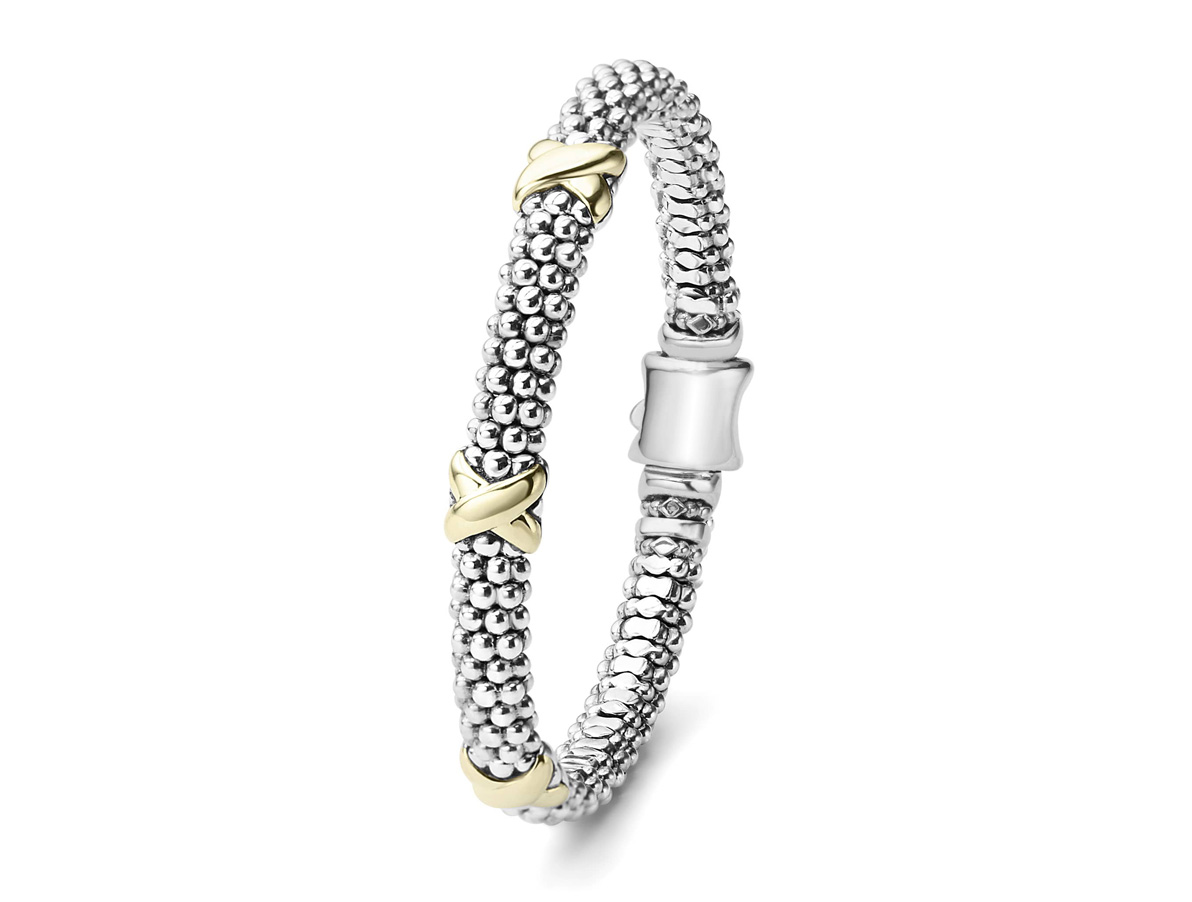 "Embrace" Beaded X Bracelet with 3 Gold Stations (7)