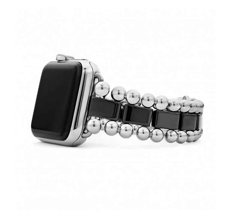 LAGOS "Smart Caviar" Black Ceramic and Stainless Steel Watch Bracelet, 38-45mm. Fits the Series 1 through 8 Apple Watch® for the 38mm through 45mm sizes.