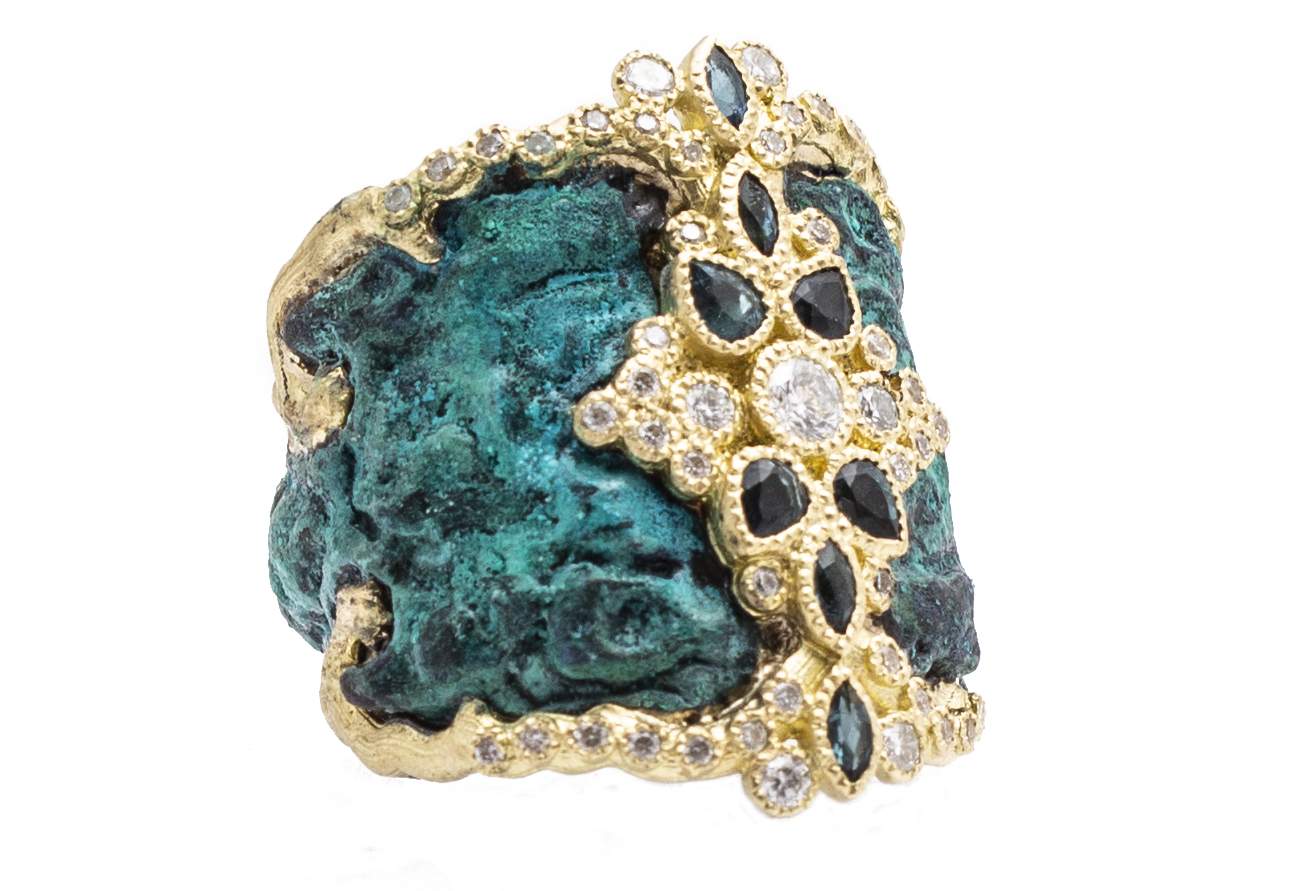 "Sueno" Teal Patina Clustered Artifact Ring