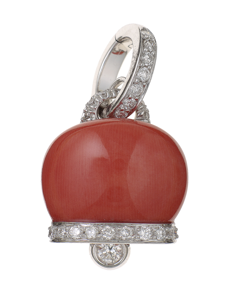"Campanelle" Medium Charm in 18kt White Gold, Diamonds, and Red Coral