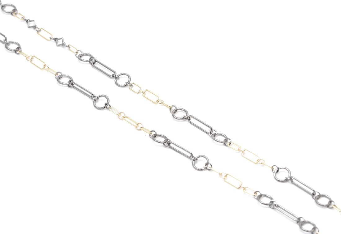Armenta "Old World" 18kt yellow gold and grey sterling silver alternating small paperclip chain link necklace 