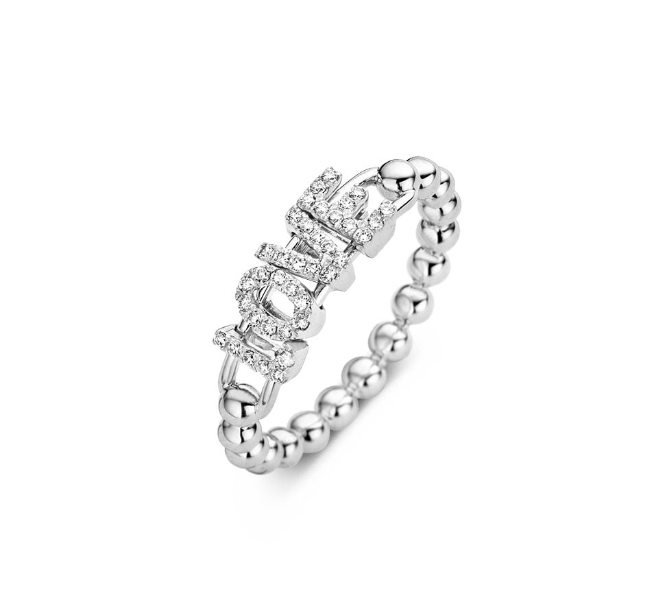 Hulchi Belluni "Tresore" Women's Love Stretch Ring in 18kt White Gold with Pave Diamonds 