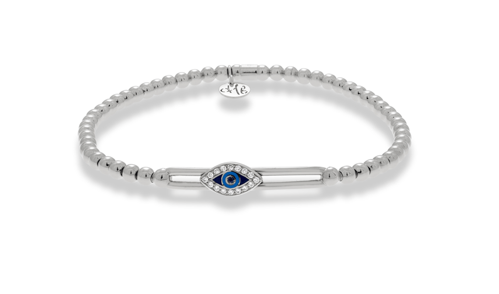 "Tresore" Sapphire & Diamond Evil Eye Stretch Bracelet in 18kt White Gold 