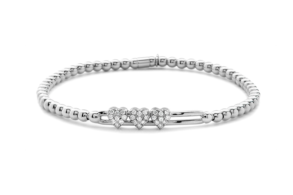 Hulchi Belluni Triple Heart Stretch Women's Bracelet in 18kt White Gold with White Diamonds