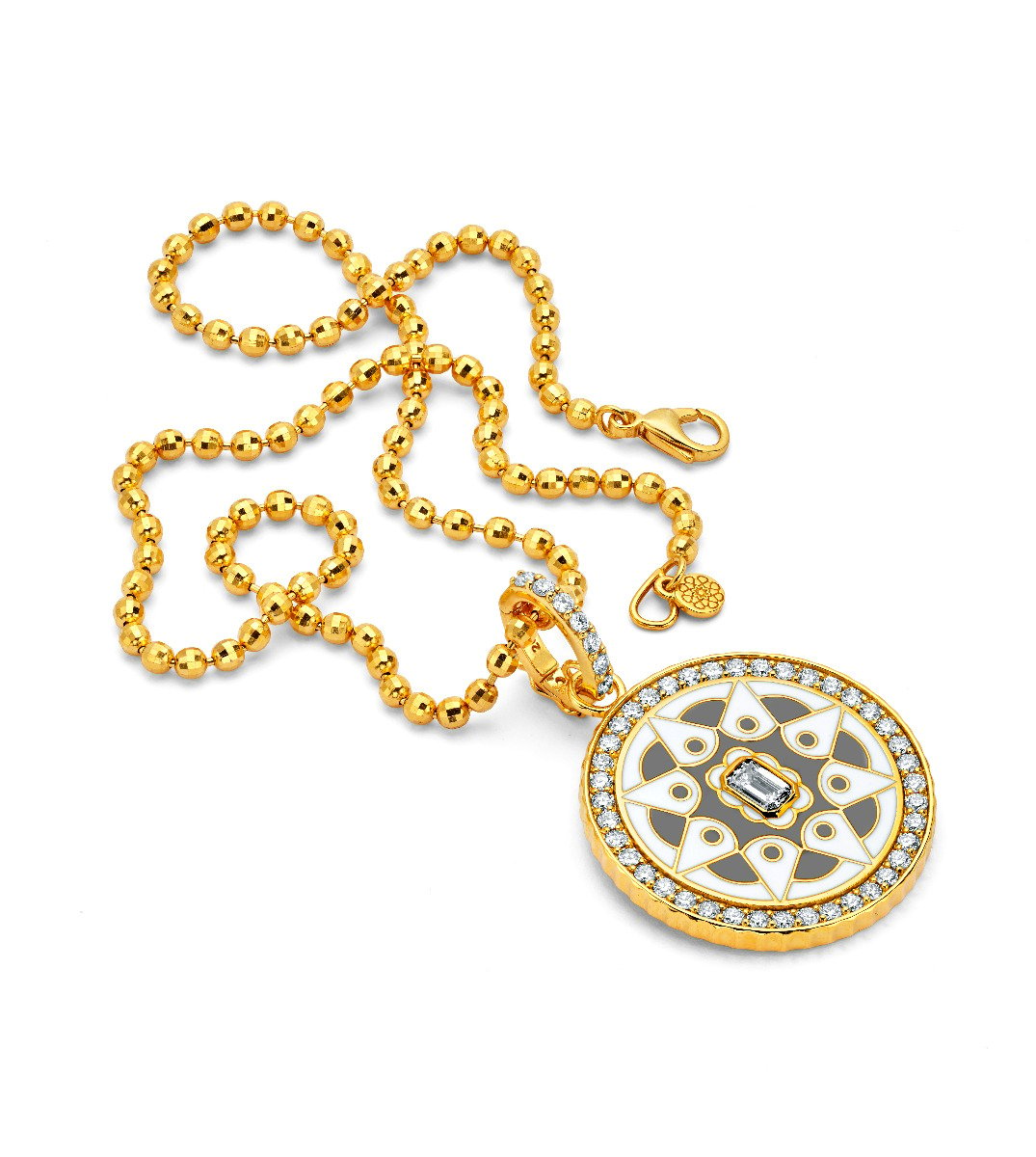 Buddha Mama Grey Mandala Coin Pendant Necklace in 20kt Yellow Gold