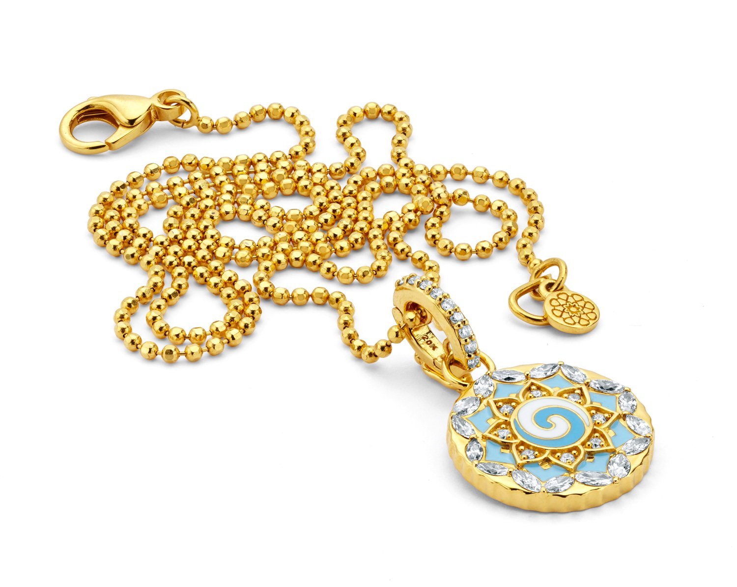 Buddha Mama Sky Blue Mandala Swirl Pendant Necklace in 20kt Yellow Gold