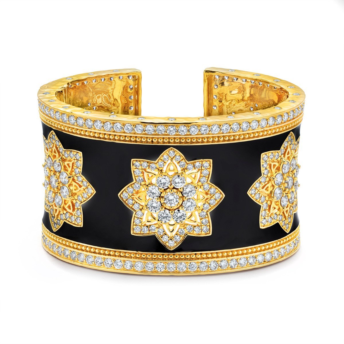 Buddha Mama Black Enamel Diamond Cuff Bracelet in 20kt Yellow Gold