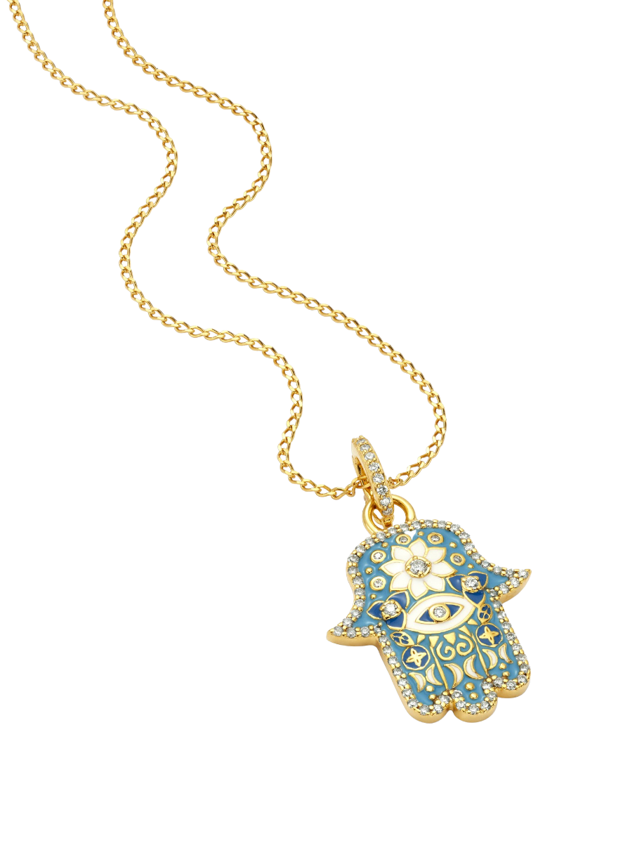Buddha Mama Sky Blue Small Hamsa Diamond Pendant Necklace in 20kt Yellow Gold