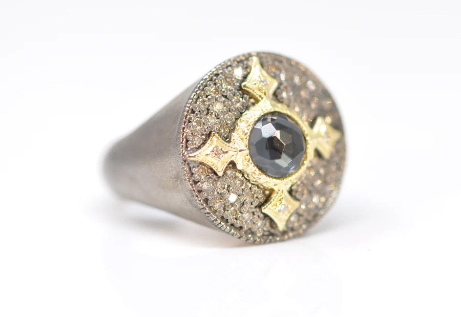 Armenta "Old World" Diamond & Hematite Crivelli Cross Signet Ring