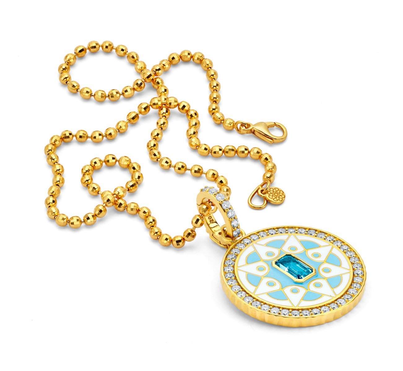 Buddha Mama Sky Blue Mandala Coin Pendant Necklace in 20kt Yellow Gold