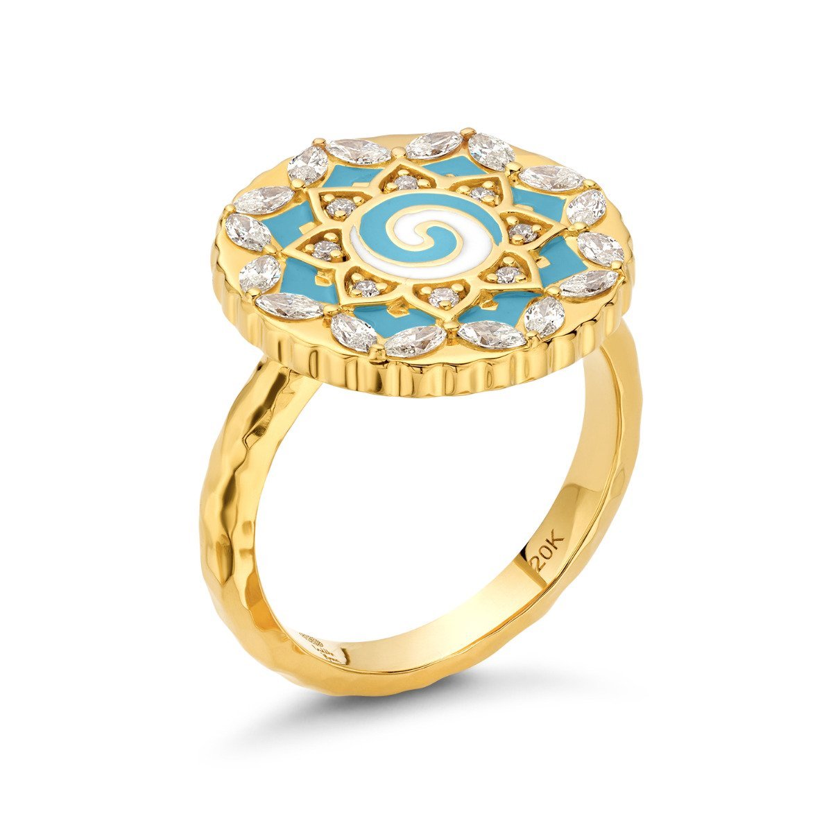 Buddha Mama Sky Blue Diamond Mandala Coin Ring in 20kt Yellow Gold