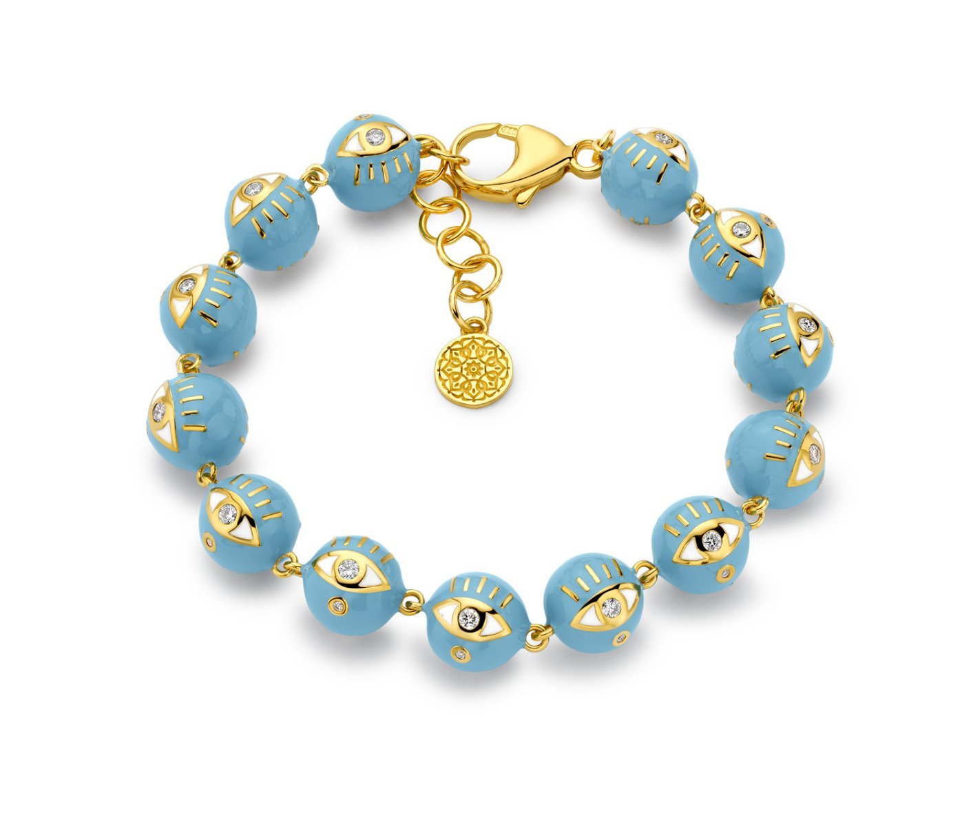 Buddha Mama Evil Eye Sky Blue Diamond Bracelet in 20kt Yellow Gold