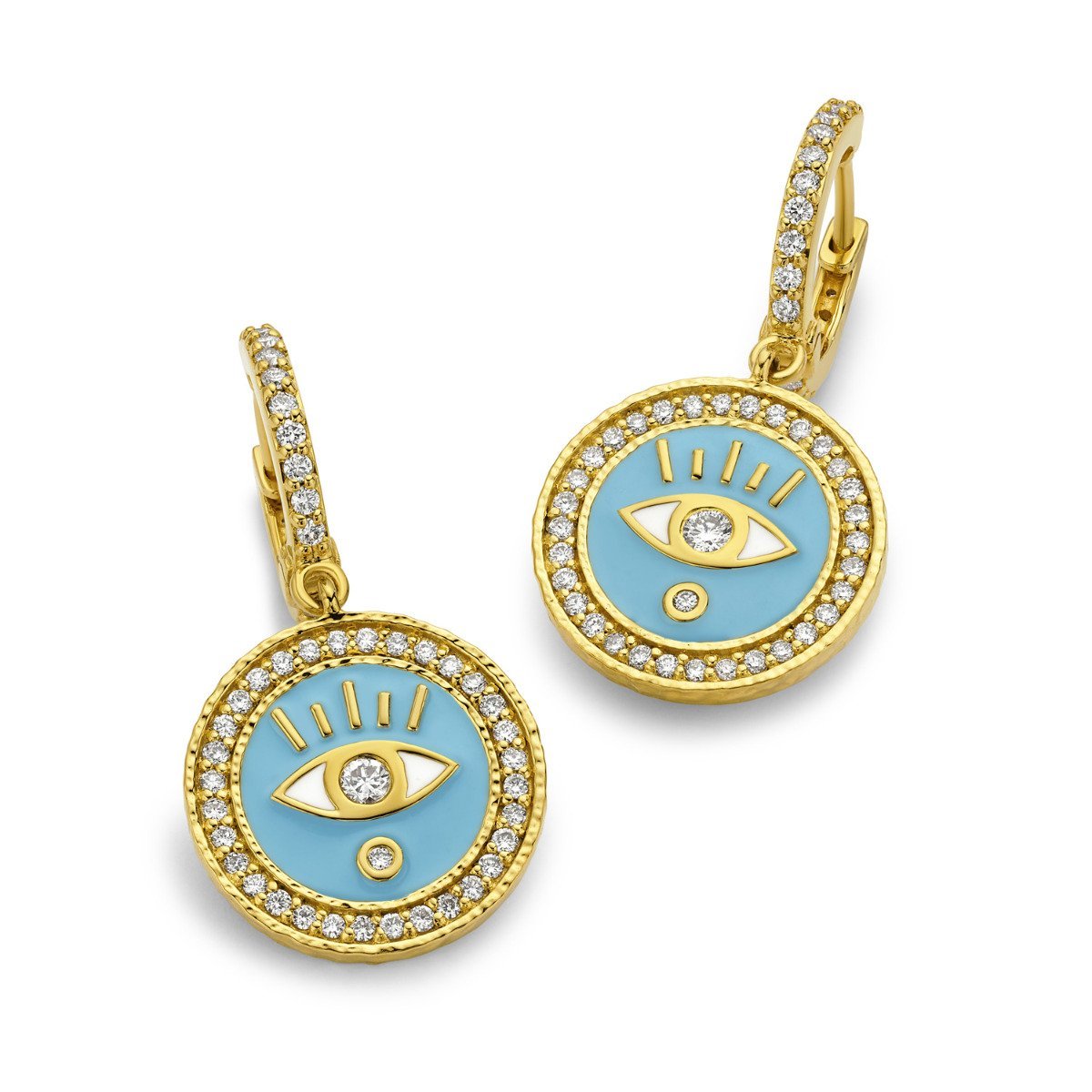 Buddha Mama Evil Eye Sky Blue Diamond Earrings in 20kt Yellow Gold
