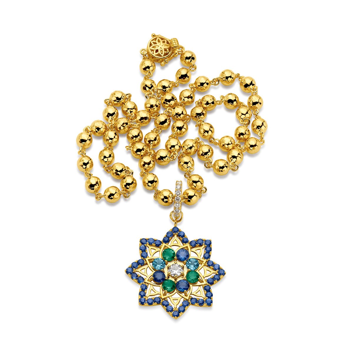 Buddha Mama Diamond, Sapphire, & Blue Topaz Mandala Star Pendant Necklace in 20kt Yellow Gold