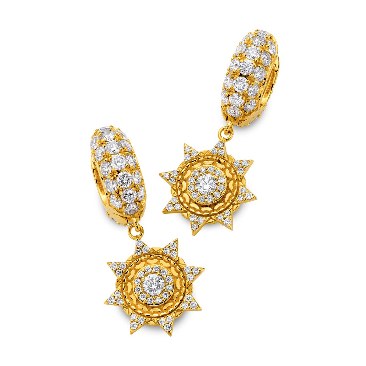Buddha Mama Diamond Sun Drop Huggie Earrings in 20kt Yellow Gold