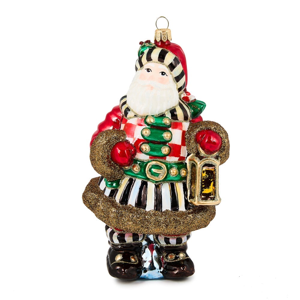 MacKenzie-Childs Check It Out Town Crier Santa Glass Ornament