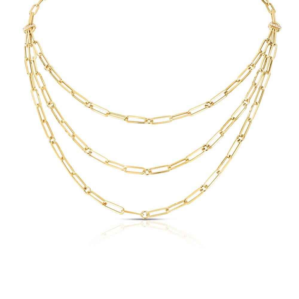 "Designer Gold” 18kt Yellow Gold Triple Strand Paperclip Bib Necklace