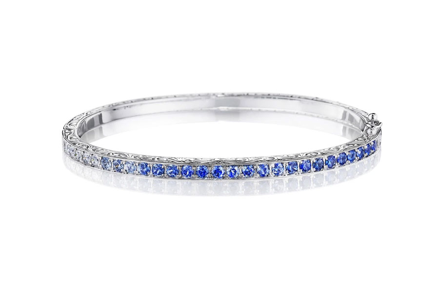 "Watercolor" Blue Sapphire Ombre Bangle Bracelet in 18kt White Gold