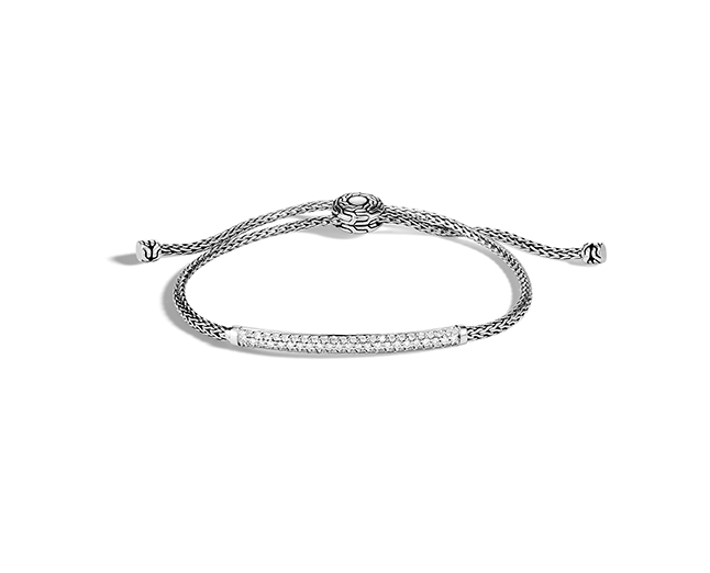 John Hardy "Classic Chain" sterling silver adjustable pull-through station bracelet featuring a white diamond bar