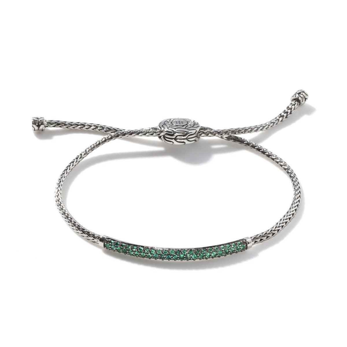 John Hardy "Classic Chain" sterling silver adjustable pull-through station bracelet featuring an emerald bar