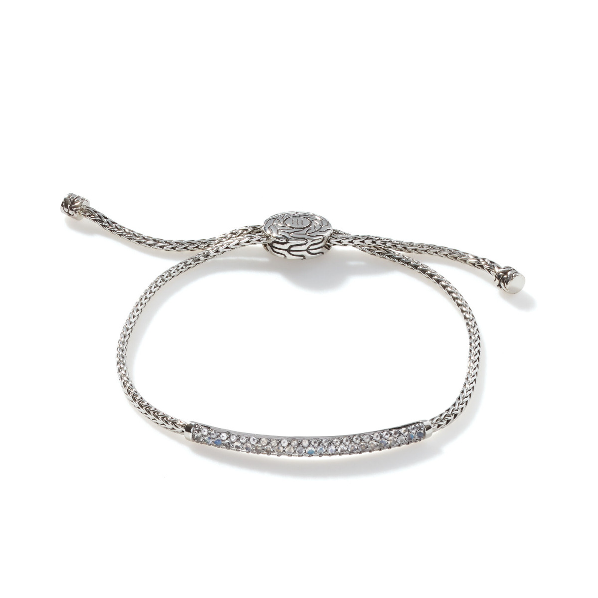 John Hardy "Classic Chain" sterling silver adjustable pull through station bracelet featuring a rainbow moonstone bar
