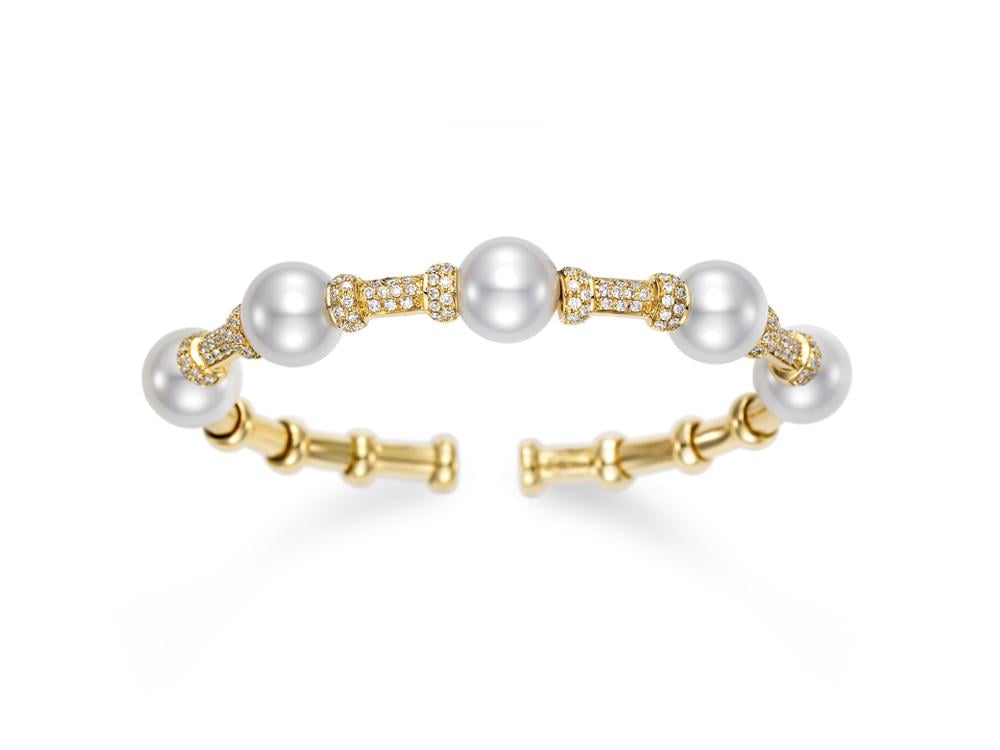 Mastoloni "Sorrento" White South Sea Pearl & Diamond Bamboo Cuff Bracelet