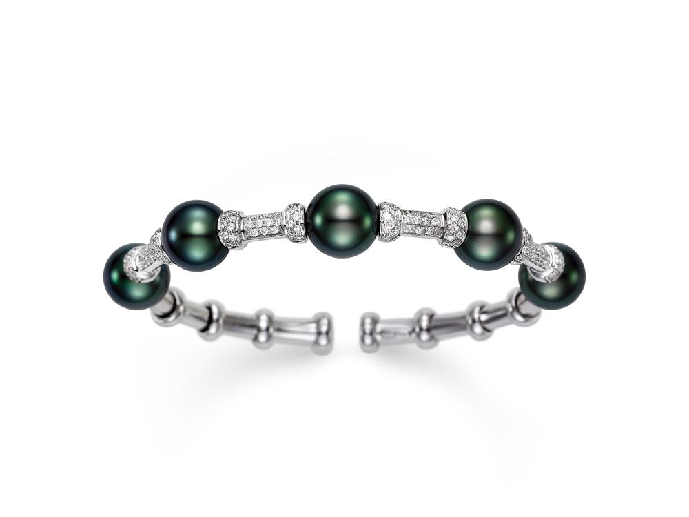 "Sorrento" Diamond & Black Pearl Bamboo Cuff Bracelet 