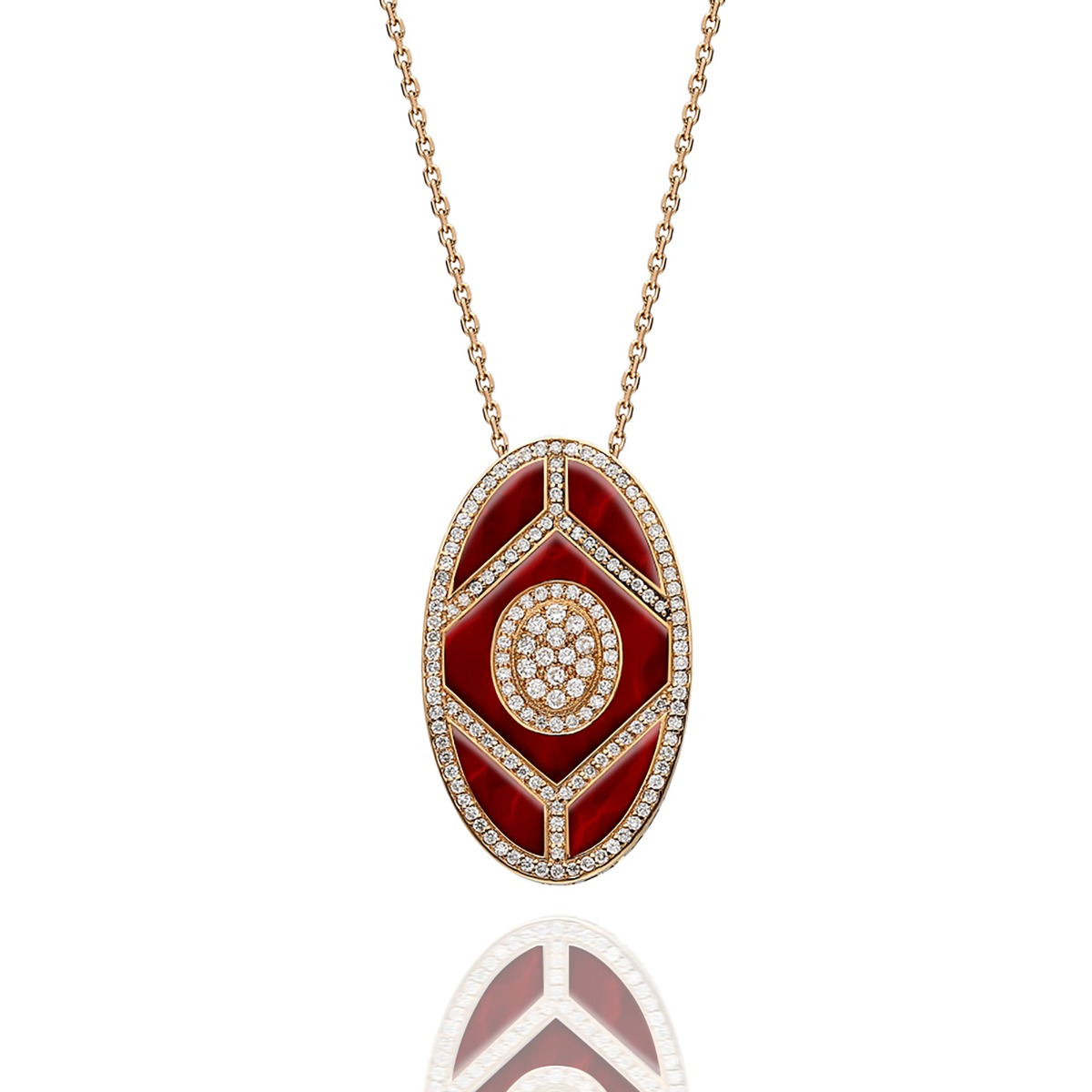 Diamond Red Enamel Shield Pendant Necklace in 18kt Rose Gold