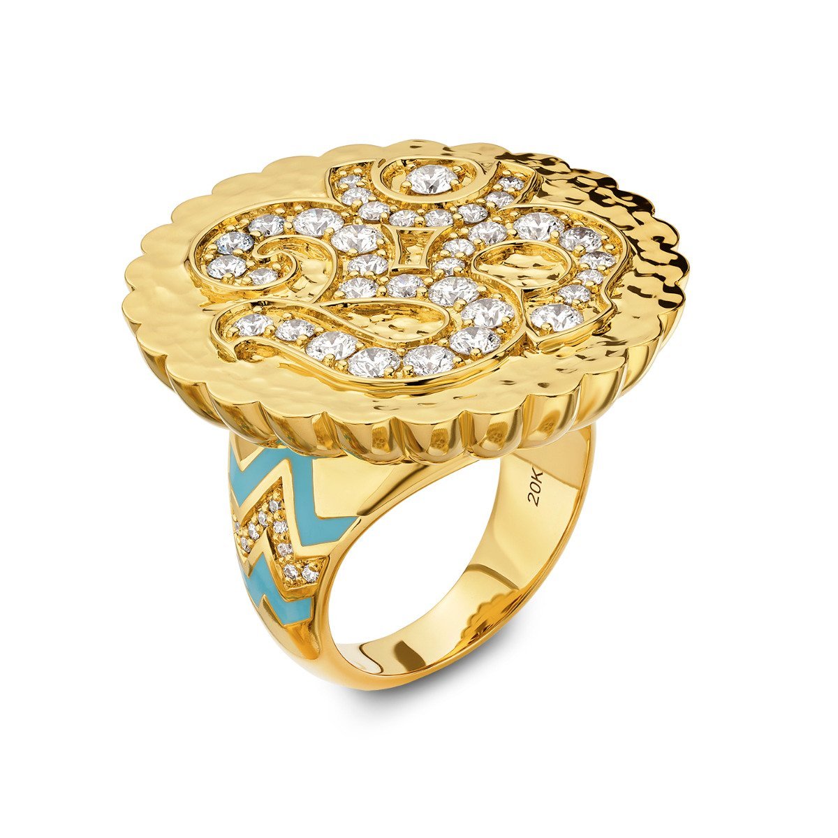 Buddha Mama Sky Blue Diamond Coin Ring in 20kt Yellow Gold