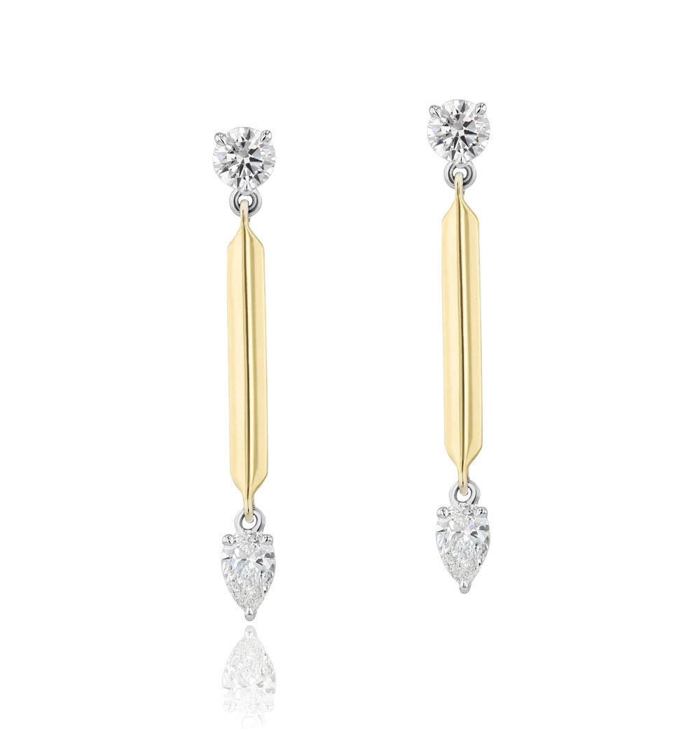 Phillips House "Affair" 14kt Yellow Gold & Platinum Round & Pear Knife Edge Drop Earring