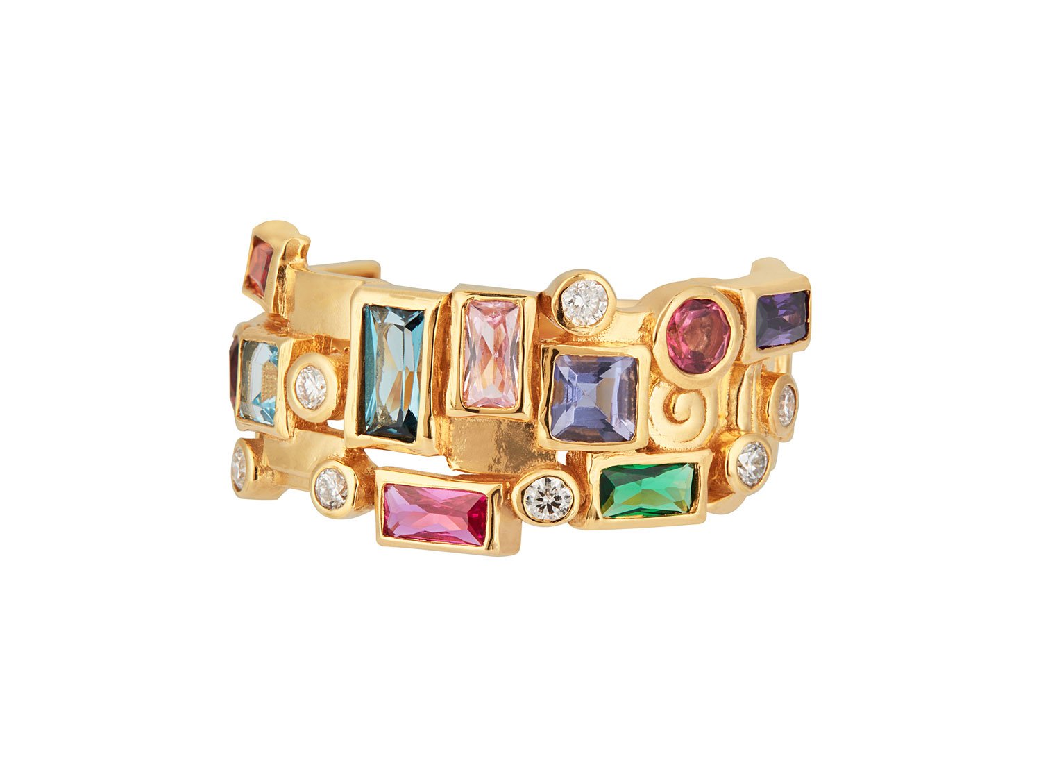 Gurhan "Embrace" Gold Band Ring, 8.5mm Wide, Mixed Stones