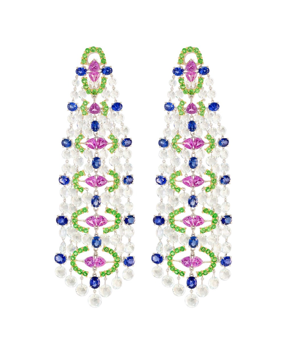 Etho Maria Aquamarine, Blue & Pink Sapphire Drop Earrings in 18kt Gold