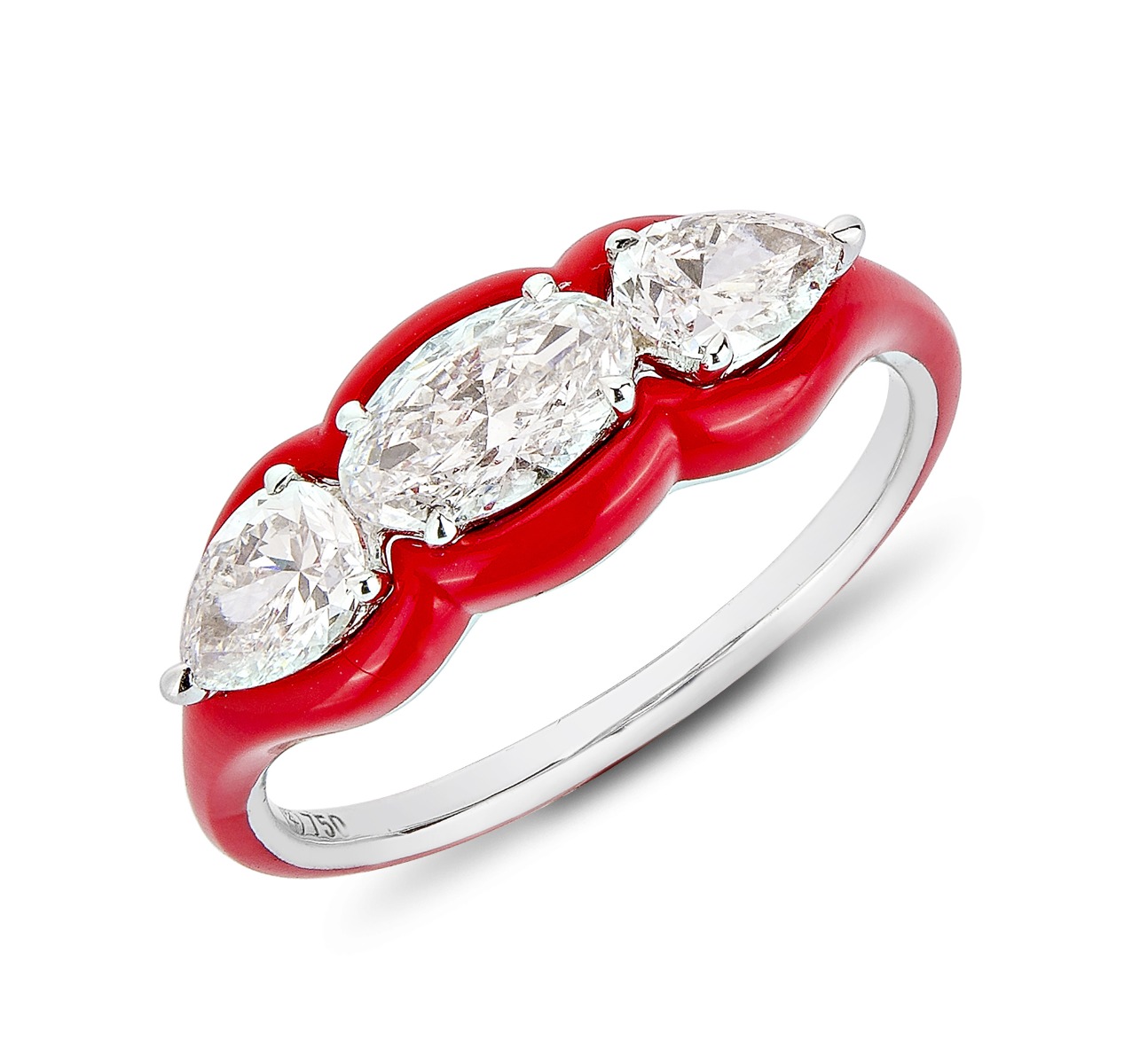"Diamonds in Red” Coiled Ring in 18kt White Gold