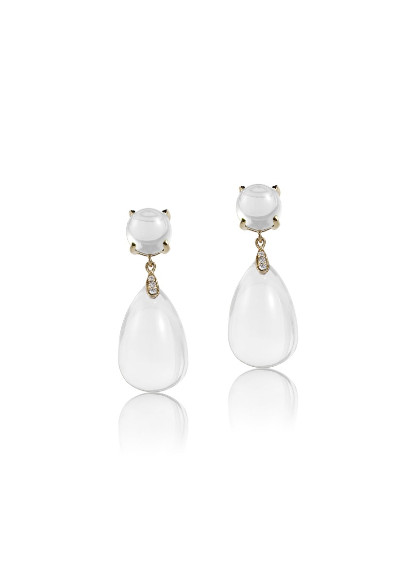 "Naughty" Moon Quartz & Diamond Teardrop Earrings In 18kt Yellow Gold