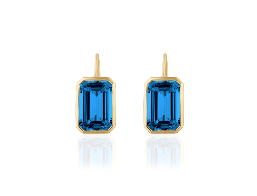 Goshwara London blue topaz emerald-cut earrings on wire in 18k yellow gold, from the Goshwara “Gossip” collection.
