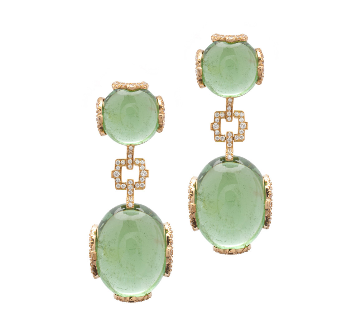 Goshwara "G-One" Green Tourmaline & Diamond Drop Earrings in 18kt Yellow Gold
