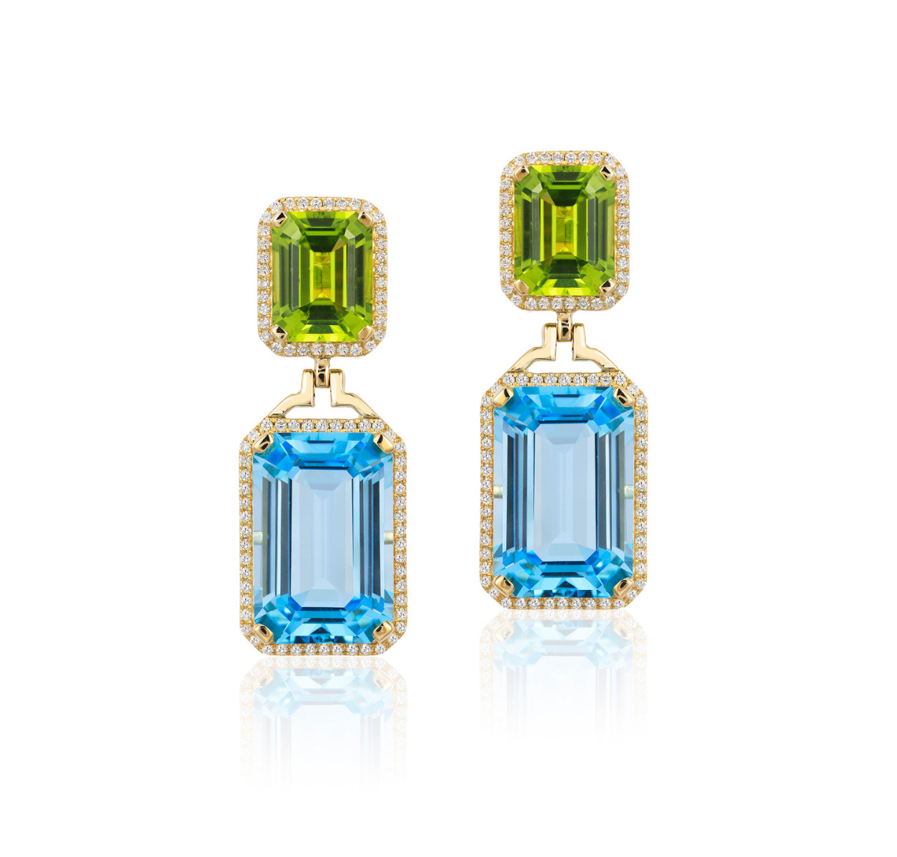 "Gossip" Blue Topaz and Peridot Earrings with Diamonds In 18kt Yellow Gold