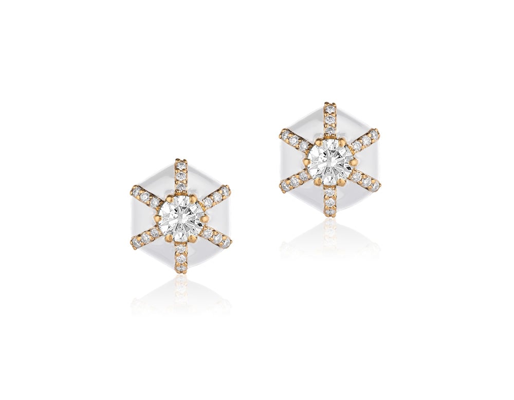 Goshwara "Queen" Hexagon Shape Diamond Stud Earrings With White Enamel