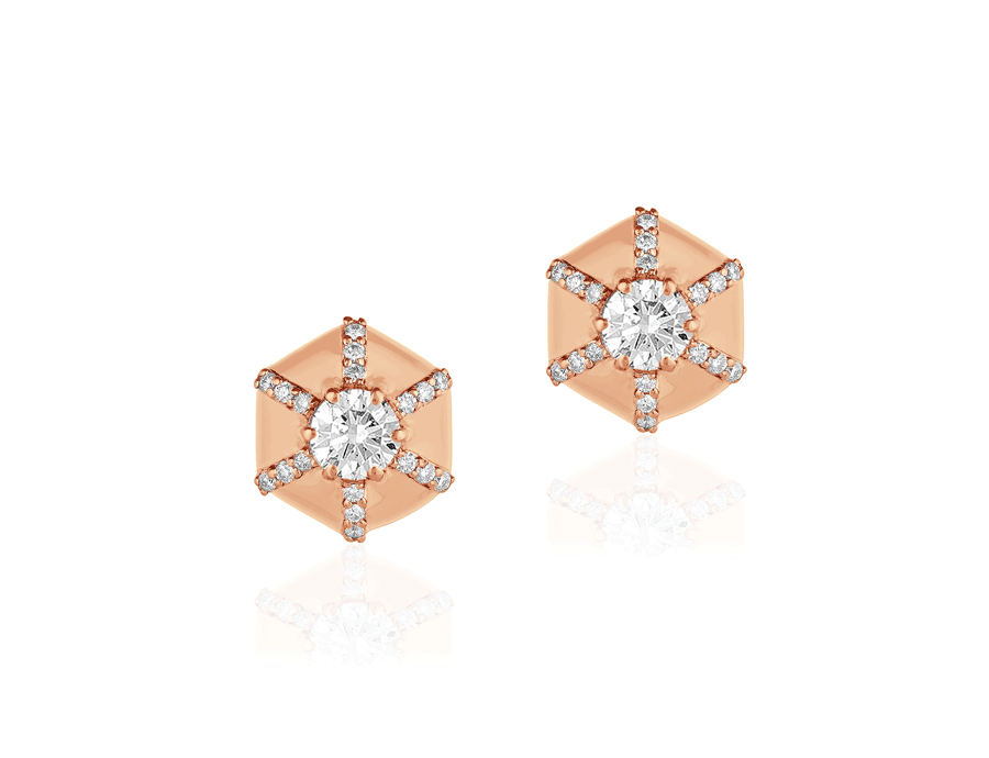Goshwara hexagon diamond stud earrings in 18k rose gold with diamonds, from the Goshwara “Queen” collection.
