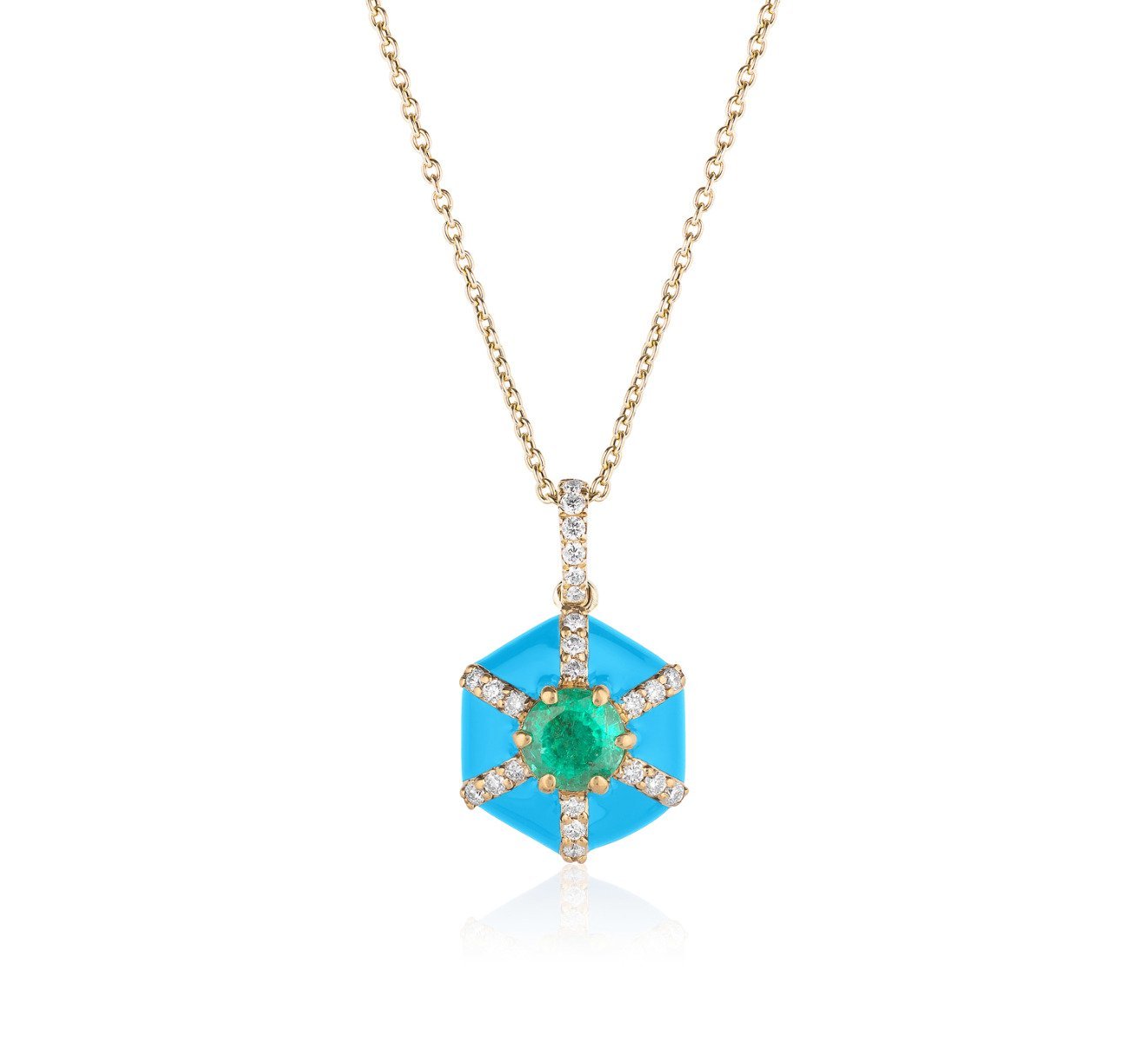 Goshwara "Queen" Hexagon Emerald Pendant Necklace With Diamonds and Turquoise Enamel