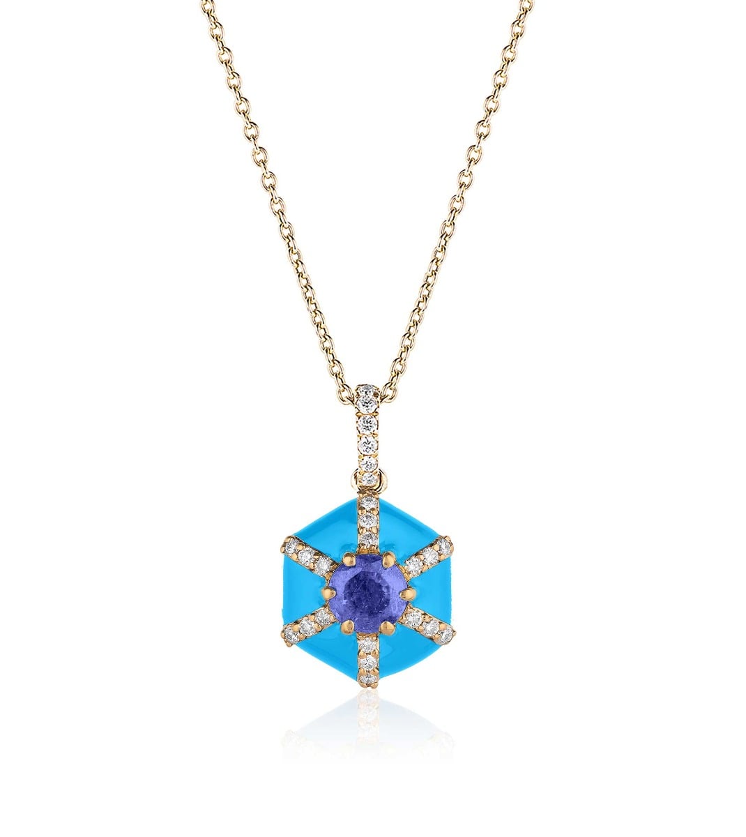 "Queen" Tanzanite & Diamond Hexagon Pendant Necklace in 18kt Yellow Gold