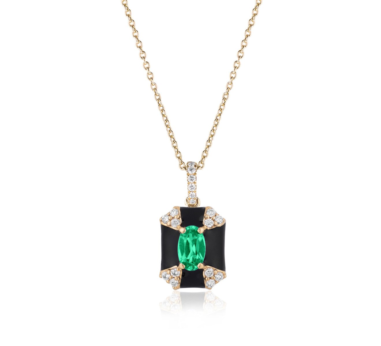 Goshwara "Queen" Octagon Black Enamel Pendant Necklace with Emerald and Diamond
