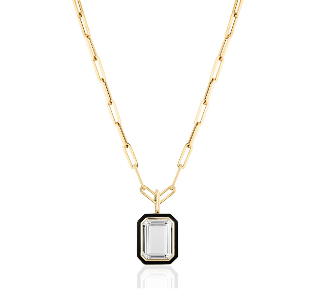 Goshwara "Queen" Flat Rock Crystal Emerald Cut Pendant Necklace With Black Enamel