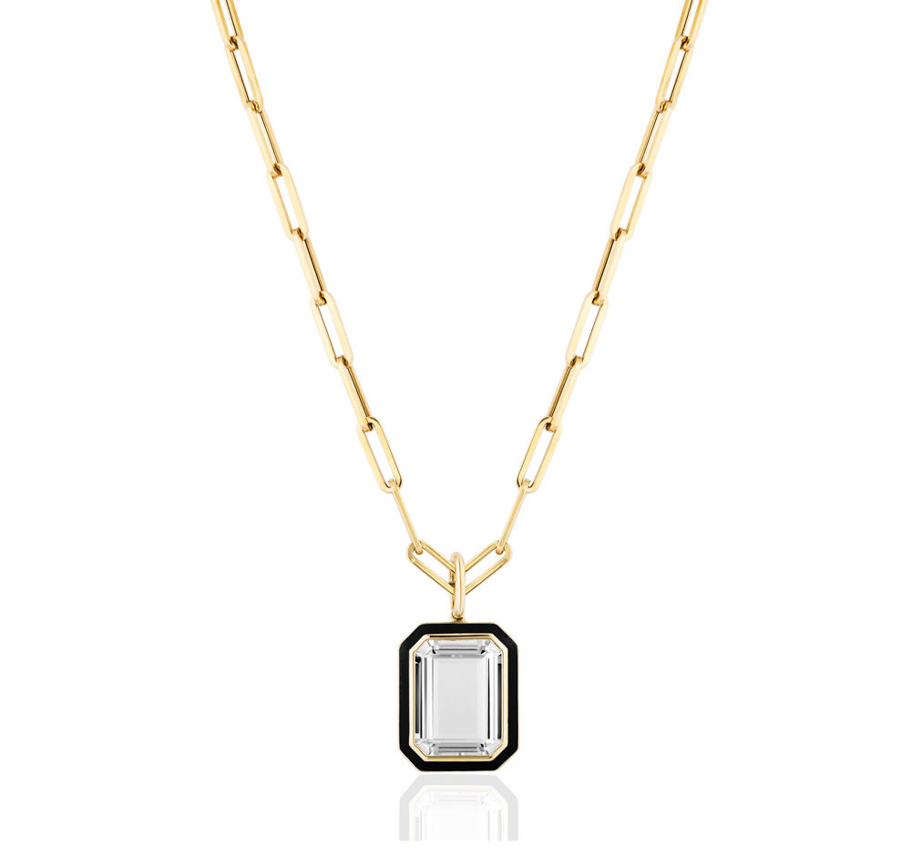 "Queen" Flat Rock Crystal Emerald Cut Pendant Necklace With Black Enamel