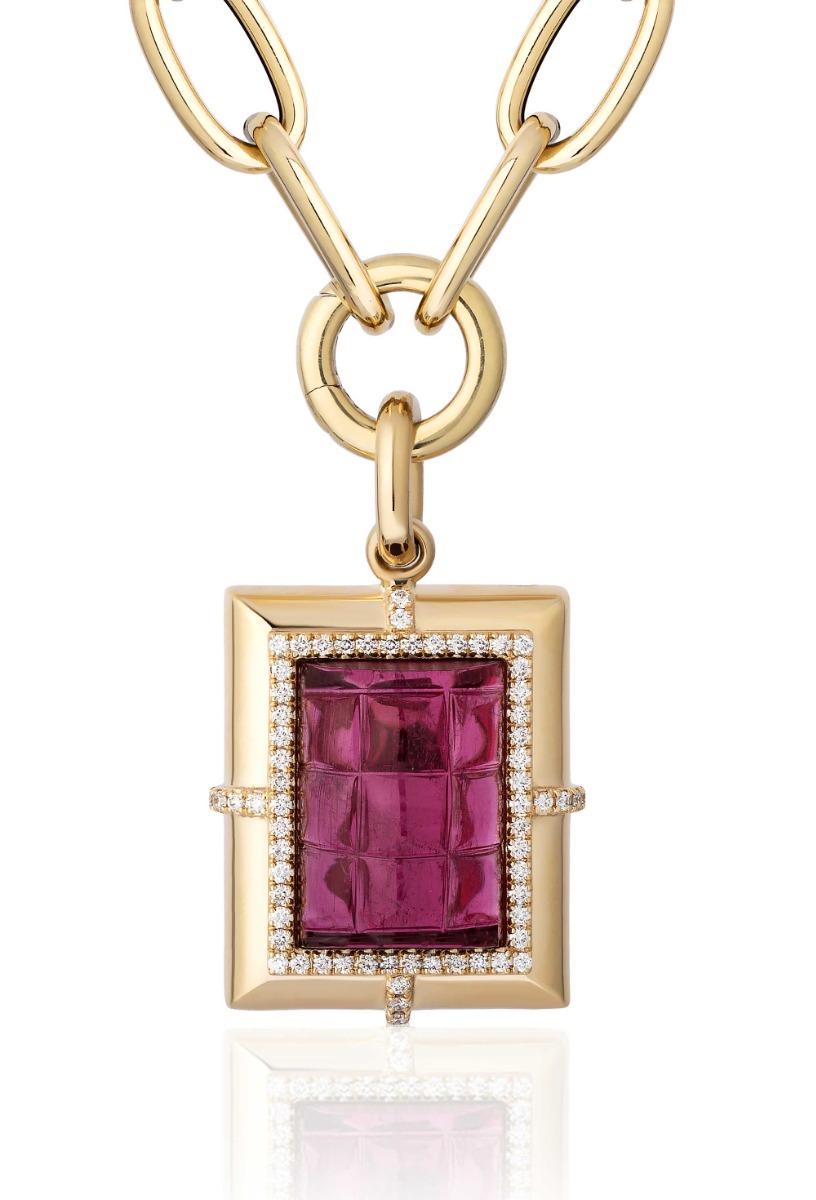 "G-One" Rubellite and Diamond Carved Medallion Pendant Necklace