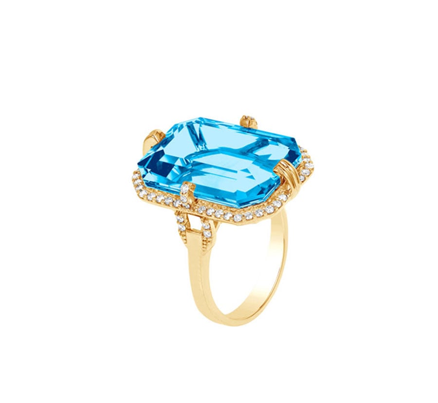 Goshwara blue topaz emerald-cut ring in 18k yellow gold with diamonds, from the “Gossip” collection.