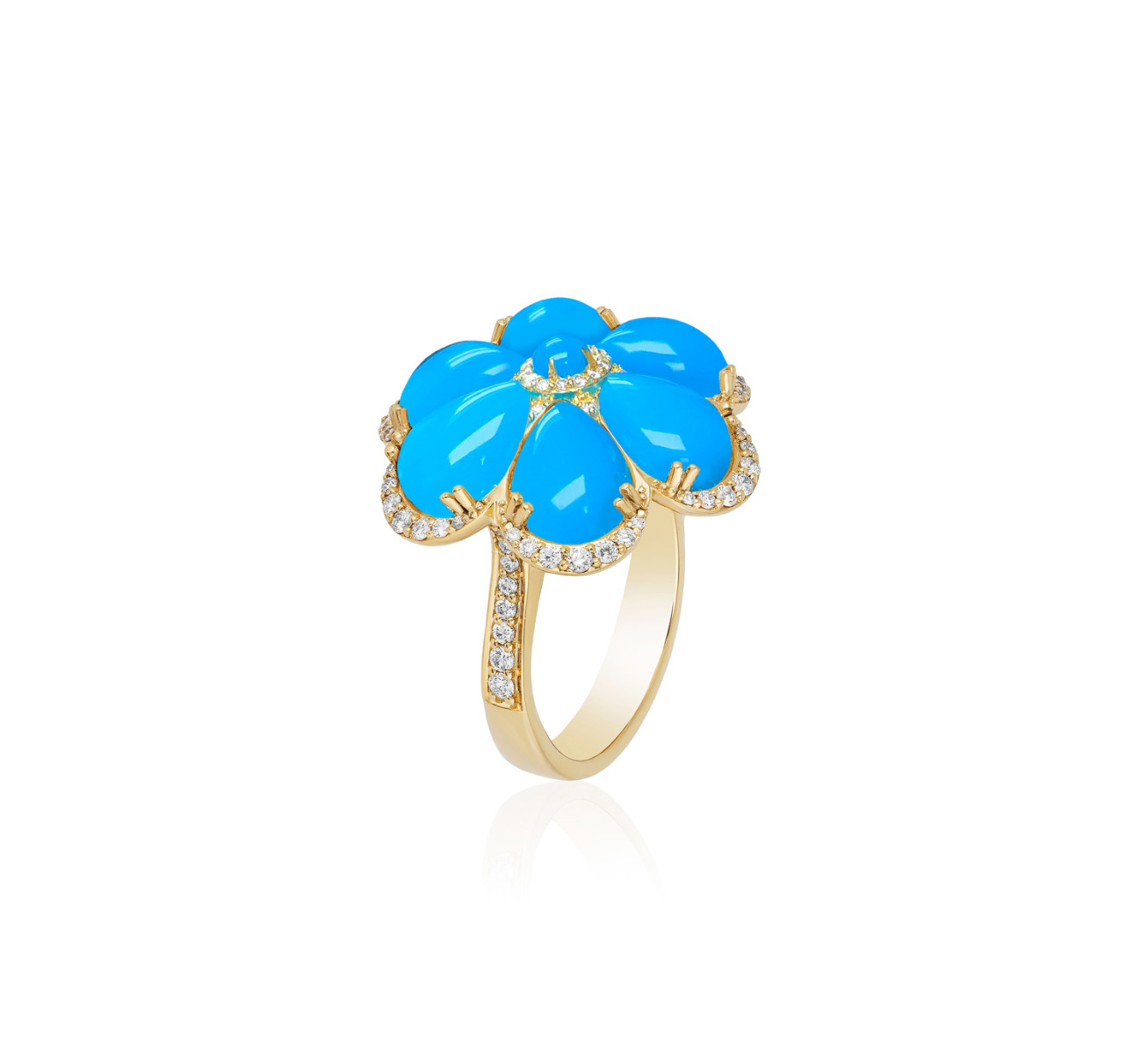 Goshwara "G-One" Turquoise & Diamond Flower Ring in 18kt Yellow Gold