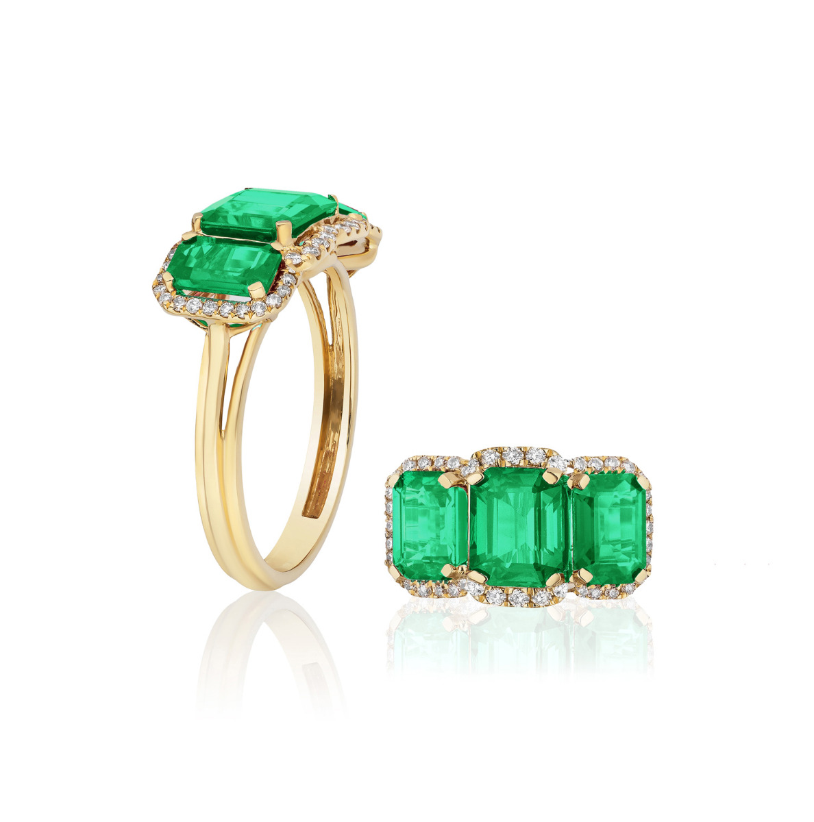 Goshwara "G-One" 3 Stone Emerald Ring with Diamonds